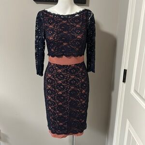 Boden Luxurious Lace Dress Navy Blue Copper Vneck Knee Length Sz 4 NEW